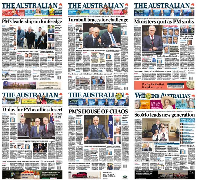 The front pages of <i>The Australian</i> and <i>The Weekend Australian </i>during the final week of Liberal leadership turmoil last August.