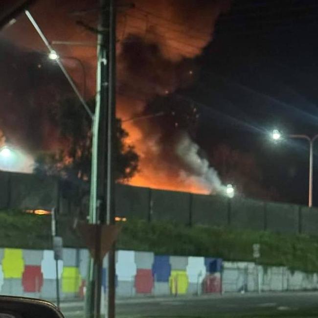 The burning truck on the Logan Motorway on Tuesday night (Facebook image)