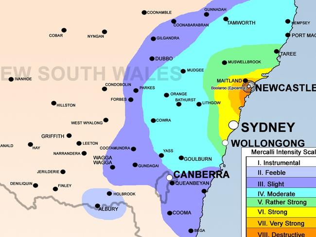 1989 Newcastle Earthquake map showing impact zone.