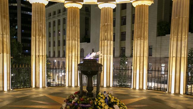 A small number of wreaths lay after the Anzac Day Wreath Laying Ceremony at The Shrine of Remembrance in Brisbane, Saturday, April 25, 2019. Anzac Day is a national day of remembrance to commemorate the service and sacrifice of Australian and New Zealand service men and women. Due to COVID-19 restrictions marches and commemorative services have been banned for the first time in more than a century. (AAP Image/Jono Searle) NO ARCHIVING
