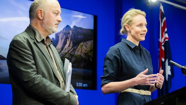 Health Minister Sarah Courtney and Director of Public Health Mark Veitch provide an update on the fourth case of coronavirus in Tasmania. Picture: RICHARD JUPE