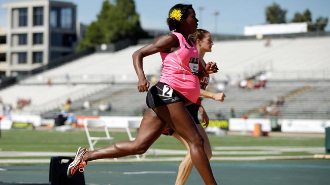 A pregnant Alysia Montano runs in the opening round of the women's 800 metre run during day two of the USATF Outdoor Championships.