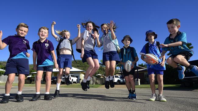 (L-R) Boston Woods, 8, Grayson Woods, 7,Reese Achilles, 7, Harmonee Steel, 13, Peyton Achilles, 9, Mason Hodges, 8, Lincoln Carter, 11 and Zanda Hodges, 5. School children across Townsville are gearing up to head back to school on Monday. PICTURE: MATT TAYLOR.