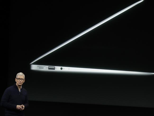 Apple CEO Tim Cook speaks about MacBook computers.  Picture:  AP