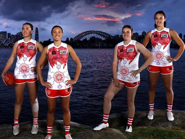 Sydney Swans AFLW players Cynthia Hamilton, Aliesha Newman, Jaide Anthony and Brenna Tarrant in their 2023 Indigenous Guernsey which was designed by Aliesha Newman.  Photo by Phil Hillyard(Image Supplied for Editorial Use only - **NO ON SALES** - Â©Phil Hillyard )