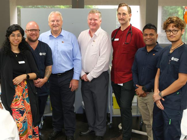 From left: Dr Amel Safi, graduate nurse Hayden Sandrey, Minister for Health Steve Edgington, Brian OâGallagher Member for Karama, Dr Gabriel Jackson, Khoda Patel, Member for Casuarina, and graduate nurse Mushahid Fatemi. Royal Darwin Hospital, January 29, 2025.