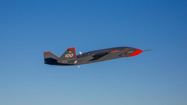 MQ-28A Ghost Bat pictured in flight during flight testing at Woomera, South Australia, 2021.