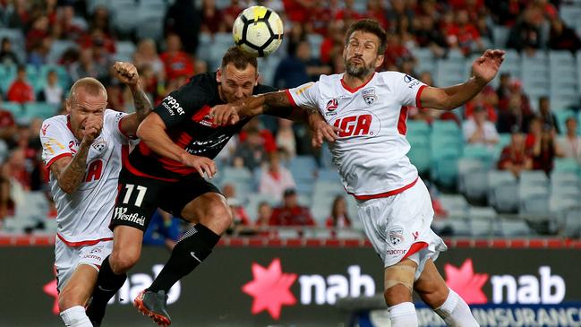 Brendon Santalab, centre, was not ready to retire when he was not offered a contract by Western Sydney Wanderers. Picture: Toby Zerna