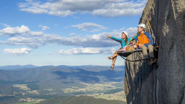 Bird’s eye view: Bright Adventure Company offers a cliff picnic at Mt Buffalo. Picture: BAC