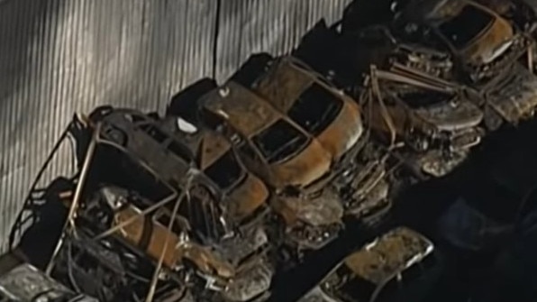 The charred cars at Pickles Auctions in Adelaide's northern suburbs. Picture: 7 News