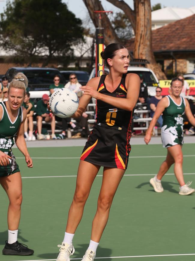 St Joseph's Elli Leydin makes a grab under pressure. St Joseph's v Bell Park GFNL Netball. Picture: Alan Barber