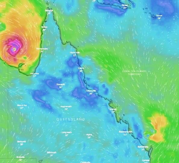 This map of QLD shows where TC Own's impact is being felt. Picture: Windy.com