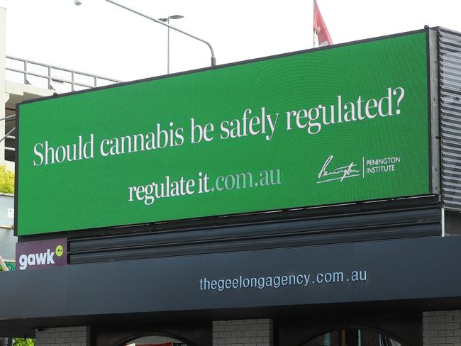 Cannabis billboards on the corner of Yarra St and Little Malop Sts. Picture: Alison Wynd