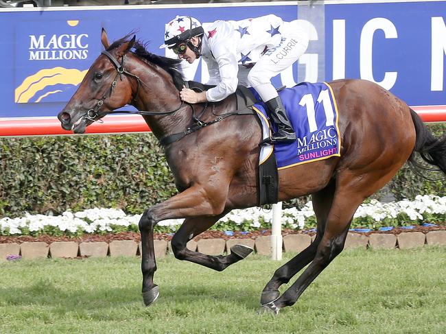 Jockey Luke Currie rides Sunlight to victory in Race 8, the Magic Millions Two-Years-Old Classic, during the Gold Coast Magic Millions at Aquis Park, Gold Coast Turf Club, Queensland, Saturday, January 13, 2018. (AAP Image/Jono Searle)