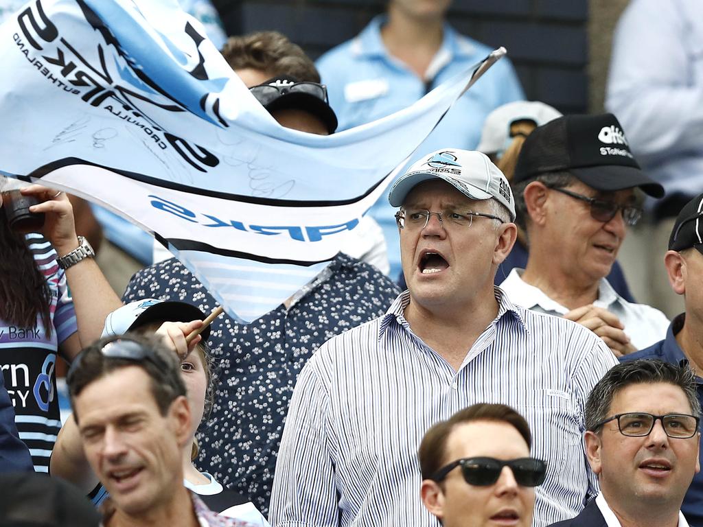 Scott Morrison, above at Shark Park, Cronulla last month, will watch his beloved Sharks play tonight. Picture: Ryan Pierse.