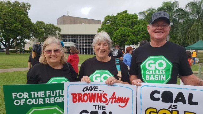 Margaret McPherson, Lyn Kenny and Graham Jenner arrived at the Stop Adani Convoy event early to show their support for the mining sector. Picture: supplied