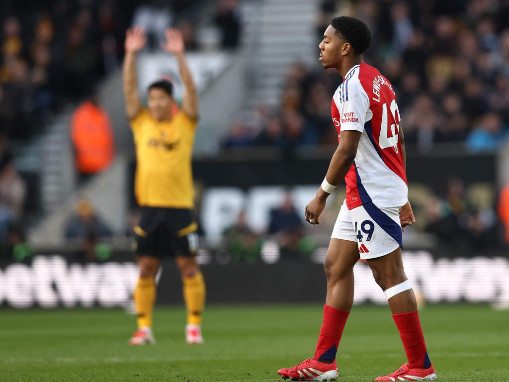 Myles Lewis-Skelly got his marching orders early against Wolverhampton. Picture: Darren Staples/AFP