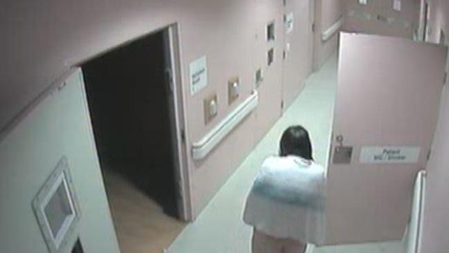 The horror footage Ms Merten staggering up and down the hospital corridor for more than hour covered in faeces and blood.