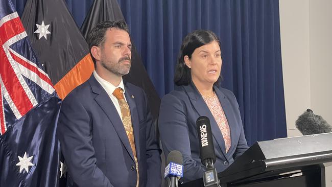 Attorney-General Chansey Paech and Chief Minister Natasha Fyles announced the government would urgently legislate bail reform on offences involving a weapon. Picture: Annabel Bowles