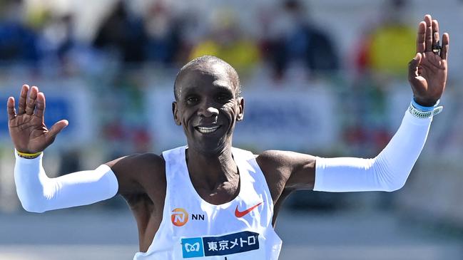 Kenya's Eliud Kipchoge crosses the finish line to win the Tokyo Marathon in Tokyo this month. Picture: AFP