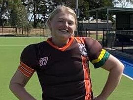 Jessica Harper playing hockey in between her two surgeries. Picture: Supplied by family