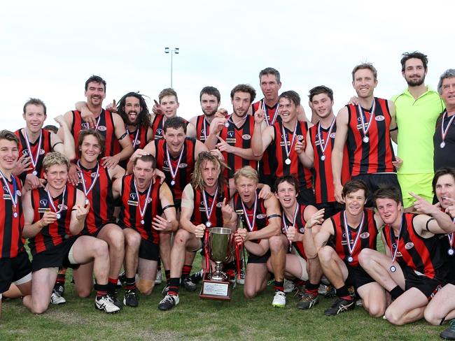 Gippsland Football League Grand Final match between Maffra Eagles and Leongatha Parrots. Maffra became the 2016 premiers, defeating Leongatha 13.10 (88) to 9. 16 (67). Maffra celebrates their win. Picture: Yuri Kouzmin