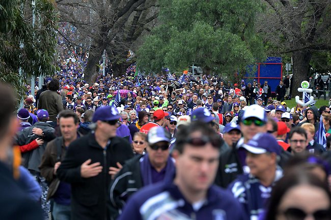 Thousands of Dockers fans arrive at the MCG. Picture: Jake Nowakowski