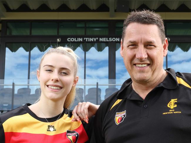 ADELAIDE, AUSTRALIA - OCTOBER 20, 2020:  Goodwood Saints Football Club President Craig Scott, with the Vice Captain of the Saints Football Senior WomenÃs Team Madelyn Griffiths (0406334185) out the front of the new multi-million dollar grandstand at Goodwood Oval, Goodwood, S.A. Picture Emma Brasier