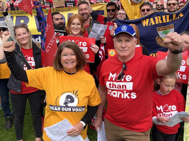 Tina Smith (Independent Teachers Union Wollongong rep) and Duncan McDonald (NSW Teachers Federation Wollongong rep) at the joint demonstration in Wollongong on Thursday, June 30, 2022. Picture: Dylan Arvela