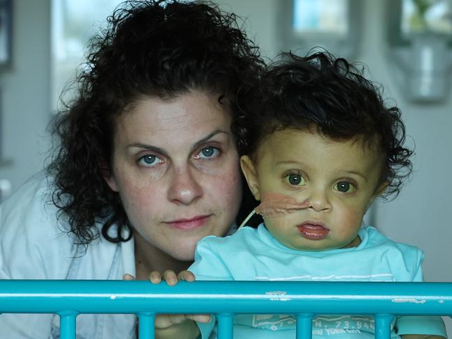 Harlen Busuttil, 16 months, urgently needs a liver transplant after being diagnosed with biliary atresia at eight weeks old. He has been waitlisted since September, but a suitable donor is yet to be found. Harlen with his mum, Kristy Busuttil, at the Royal Children's Hospital.             Picture: David Caird