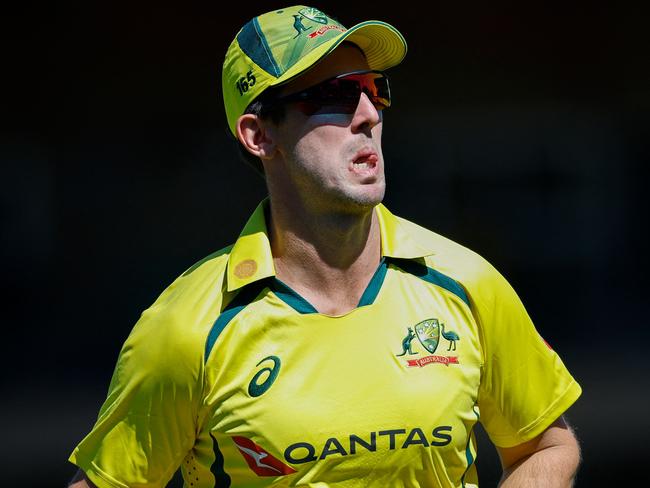 Australia's Mitchell Marsh reacts during the first one-day international (ODI) cricket match between South Africa and Australia at the Mangaung Oval in Bloemfontein on September 7, 2023. (Photo by PHILL MAGAKOE / AFP)