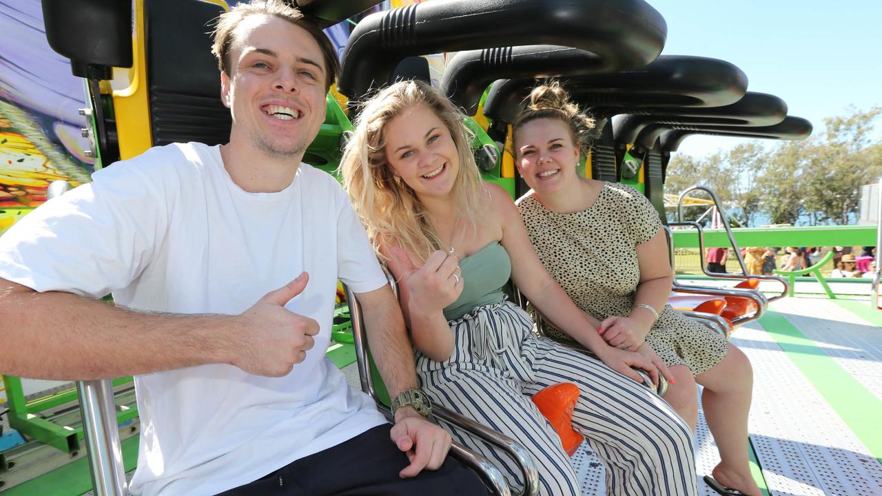 Luke Weishaupt, Anna Shepherdson and Jodie Gillett ready to brave the rides at the Gold Coast Show. Picture: Mike Batterham