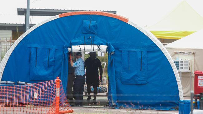 AUSMAT facilities being built on scene at the Howard Springs Quarantine Facility in February 2020. Picture: Glenn Campbell