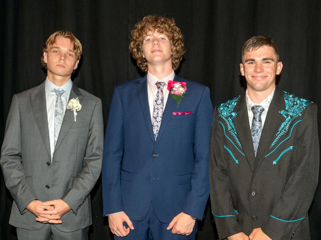 Deron Wassink, Lane Blucher-Pitkin and Rylee Horwell at Mackay Christian College Formal Thursday 14 November 2024 Picture: Michaela Harlow