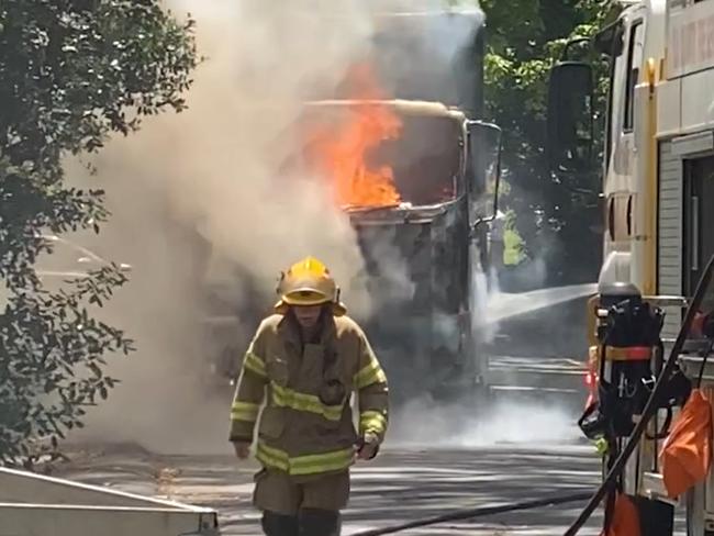 CFS firefighters have extinguished a truck fire on Oakbank Rd in Stirling, in the Adelaide Hills. Picture: Antony Ceravolo