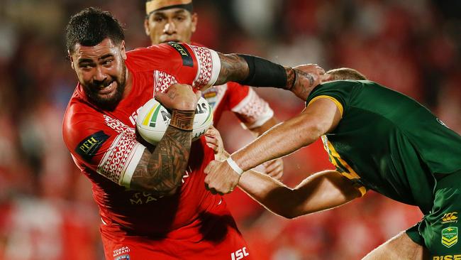 AUCKLAND, NEW ZEALAND — OCTOBER 20: Andrew Fifita of Tonga fends off Tom Trbojevic of Australia during the International Test match between Tonga and Australia at Mount Smart Stadium on October 20, 2018 in Auckland, New Zealand. (Photo by Anthony Au-Yeung/Getty Images)