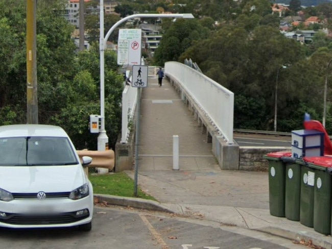 The entrance to the pedestrian overpass, where the car became wedged, over the Warringah Freeway, Cahill Expressway and Bradfield Highway at the eastern end of Ridge St, North Sydney. Picture: Google Maps