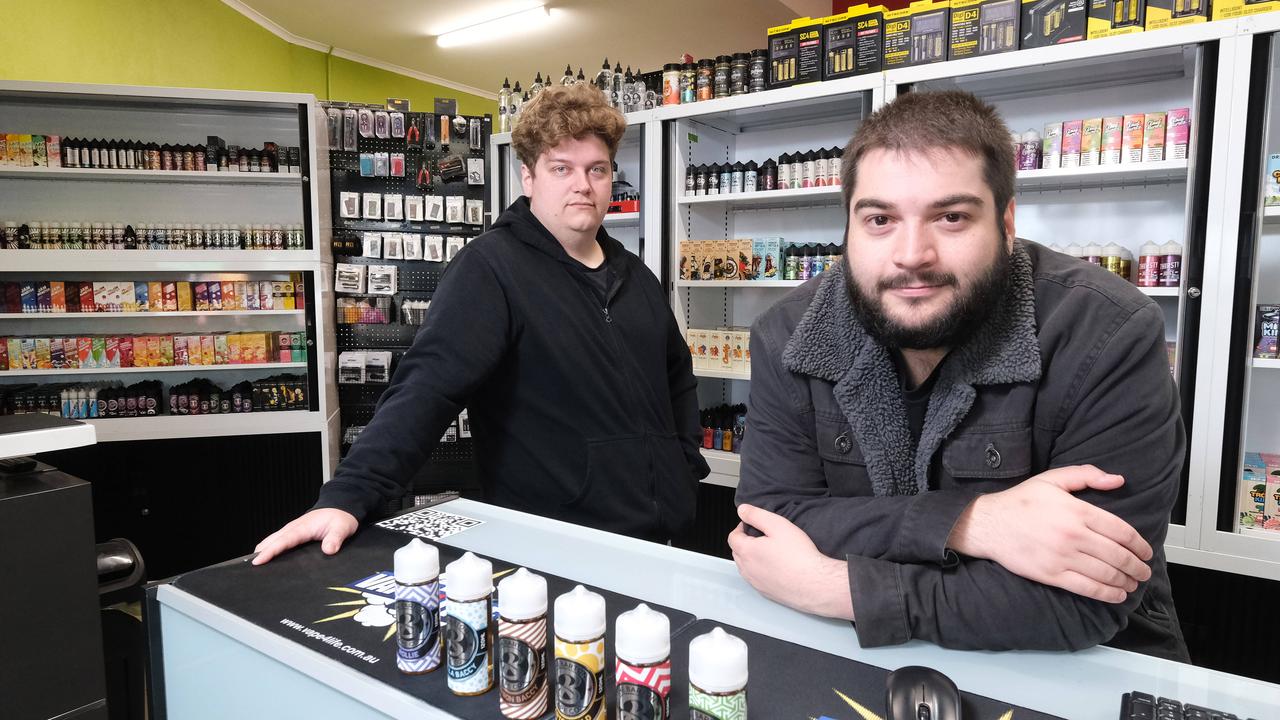 Belmont Vape4Life staff Daniel Kora and Michael Andersson have been told to begin searching for a new job as vape reforms are implemented nationally on Monday. Picture: Mark Wilson.