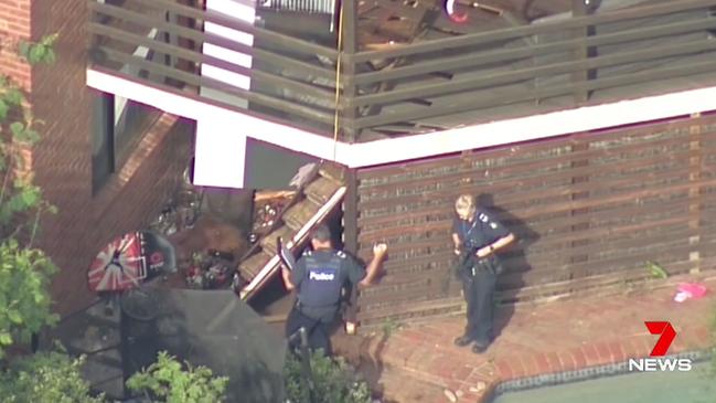 Police at the scene of the balcony collapse in Doncaster East. Picture: Seven News