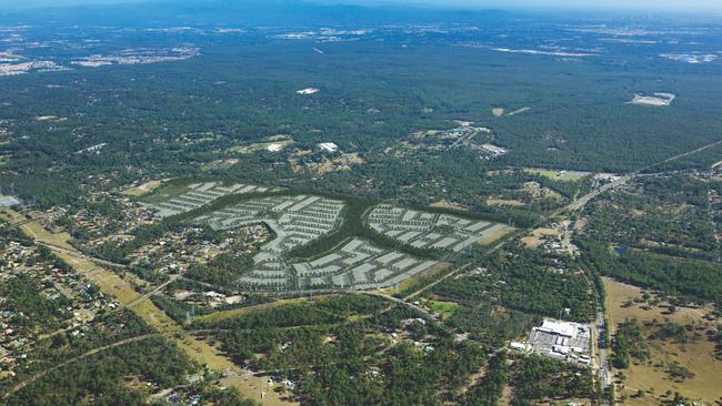 An aerial view showing the site of Villa World's new Covella master-planned community at Greenbank.