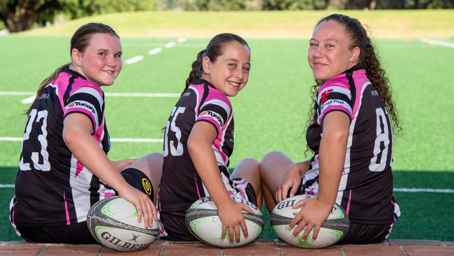 South East Magic 7s players Pearl Collins, 13, Tyra Dymock, 11, and Malia Dymock, 14, at Latham Park, South Coogee. Picture: Monique Harmer