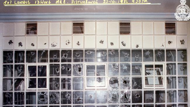 Bullet holes seen in Long Bay’s maximum security 13 Wing after the 1986 riot.