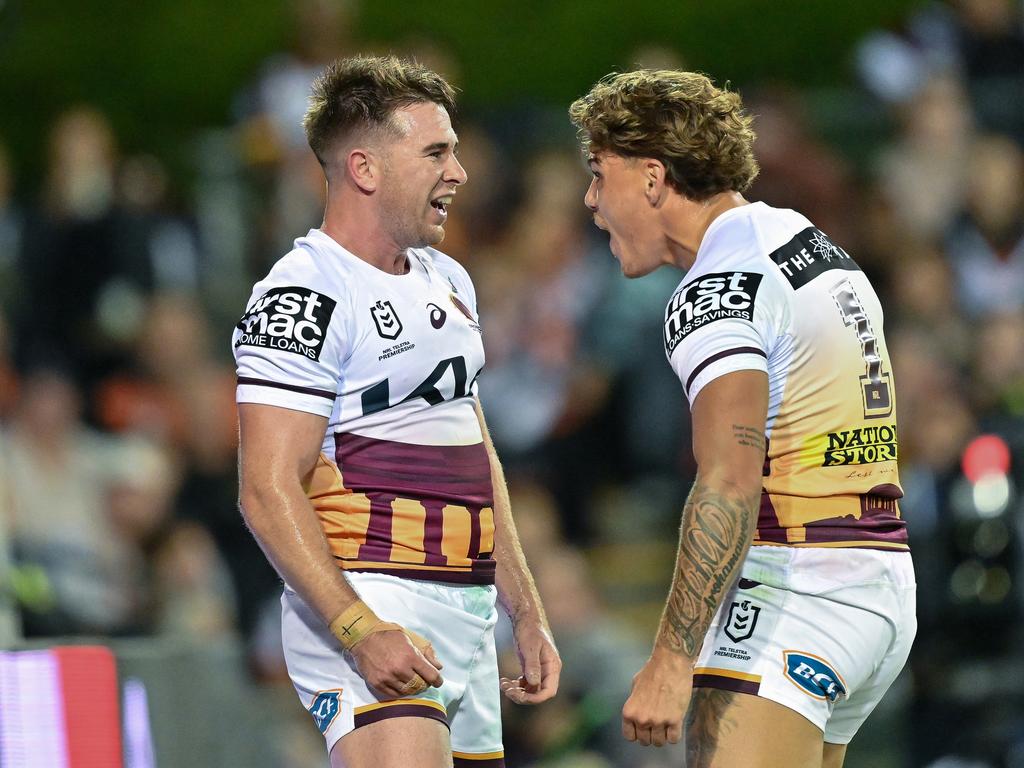 Reece Walsh tore the Tigers apart, scoring two tries before coming off the field late as he became physically ill and battled a calf cramp. Picture: Getty Images