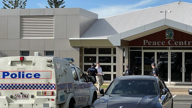 Police cars outside Peace Lutheran College in Cairns after a female student, 18, was allegedly stabbed by a male student on Tuesday, May 16, 2023.