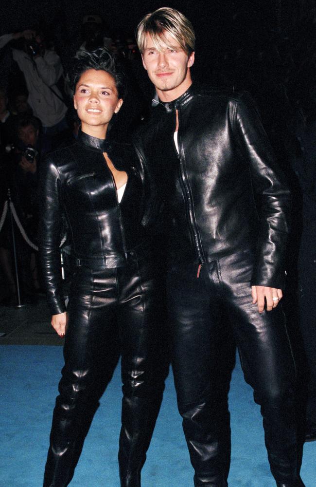 1999 ...  The Beckhams — back when Victoria cracked a smile — opted for the matching biker look.  Picture: Getty