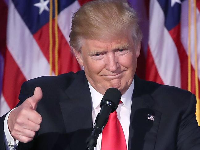 NEW YORK, NY - NOVEMBER 09: Republican president-elect Donald Trump gives a thumbs up to the crowd during his acceptance speech at his election night event at the New York Hilton Midtown in the early morning hours of November 9, 2016 in New York City. Donald Trump defeated Democratic presidential nominee Hillary Clinton to become the 45th president of the United States. Mark Wilson/Getty Images/AFP == FOR NEWSPAPERS, INTERNET, TELCOS & TELEVISION USE ONLY ==