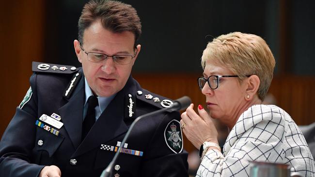 AFP Commissioner Reece Kershaw and his Chief Operating Officer Sue Bird appearing before a Senate Estimates hearing at Parliament House in Canberra last week. Picture: AAP