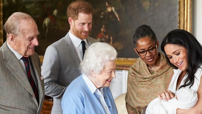 The Duke and Duchess introduce their son to the Queen, Prince Philip and Doria Ragland. Picture: Chris Allerton/SussexRoyal/AFP