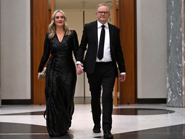 CANBERRA, AUSTRALIA - JULY 03: Prime Minister Anthony Albanese and partner Jodie Haydon arrive at the Midwinter Ball at Parliament House on July 03, 2024 in Canberra, Australia. The annual Mid Winter Ball is a ticketed event hosted by the Federal Parliamentary Press Gallery. (Photo by Tracey Nearmy/Getty Images)