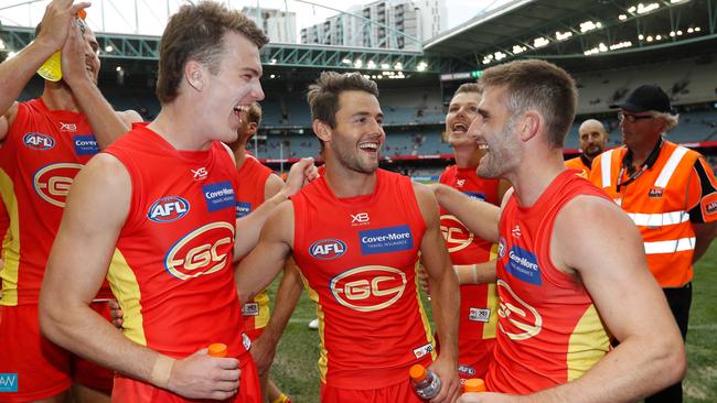 No wonder the Gold Coast Suns are all smiles. If not for a one-point loss to St Kilda in Round 1 they would be 3-0. Picture: Michael Willson (Getty).